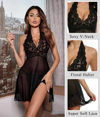 Vista 3 de Halter Avidlove,Babydoll de encaje con tirantes. Lencería Halter
