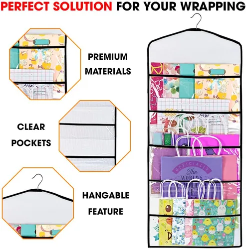 Vista 4 de Bolsa de regalo y almacenamiento de papel de seda, organizador colgante con múltiples bolsillos delanteros y traseros de doble cara, organiza papel