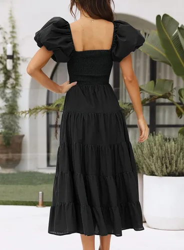 Vista 2 de LILLUSORY Vestido maxi elegante de verano de manga corta con hombros descubiertos para mujer
