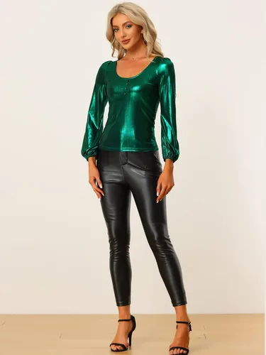 Vista 4 de Allegra K Blusa metálica para mujer, brillante, para fiesta de discoteca, manga de obispo, con purpurina