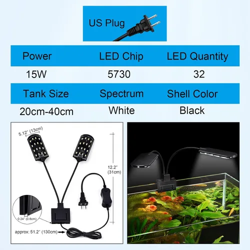 Vista 5 de WEAVERBIRD Doble cabeza acuario tanque de peces luz 15W 32 LED acuario plantado clip lámpara 1600LM iluminación LED blanca para 8-15 pulgadas tanque