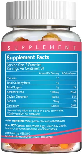 Vista 5 de Gomitas de berberina con canela de Ceilán, suplemento HCI de berberina de 1200 mg para metabolismo y apoyo energético, vegano, sin gelatina, 60