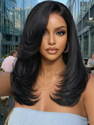 Vista 64 de KLAIYI Peluca de cabello humano con encaje frontal precortada 7x5, corte Bob en capas, corte romo, cordón sin pegamento, peluca predepilada