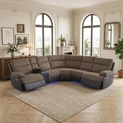 Vista 13 de Sofá seccional reclinable eléctrico, sofá de felpa beige y gris, sofá seccional con consola de almacenamiento, sofá reclinable para sala de estar