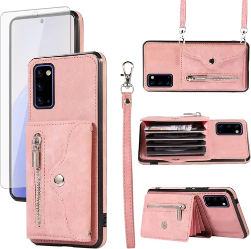 Vista 10 de Funda de teléfono para Samsung Galaxy Note 20 5G con protector de pantalla de vidrio templado, correa cruzada para muñeca, soporte para tarjeta
