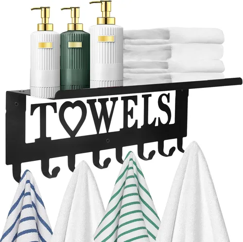 Vista 8 de Toallero para bañera de hidromasaje con estante Soporte para toallas de baño, 8 ganchos, colgador de toallas montado en la pared para batas, ropa