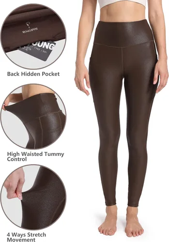 Vista 4 de HARTPOR Leggings de piel sintética para mujer, pantalones de yoga elásticos de cintura alta, pantalones de piel sintética con bolsillos
