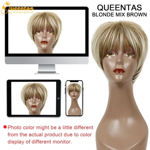 Vista 7 de QUEENTAS Pixie - Pelucas rubias cortas en capas para mujeres blancas y negras, cabello sintético (rubio mezclado con marrón)