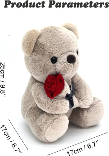 Vista 2 de HWD Oso de peluche de 9.8 pulgadas con rosa, muñeca de felpa suave, juguetes de peluche, regalos para ella/novia, amante, mamá, niños pequeños (gris)