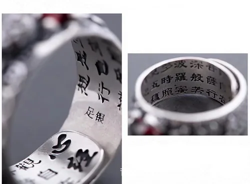 Vista 5 de JUNTEN Feng Shui PIXIUToad MANI Mantra Ring 990 Sterling Silver Ring Amulet Lucky Wealth Open Adjustable Rings Buddhist Jewelry