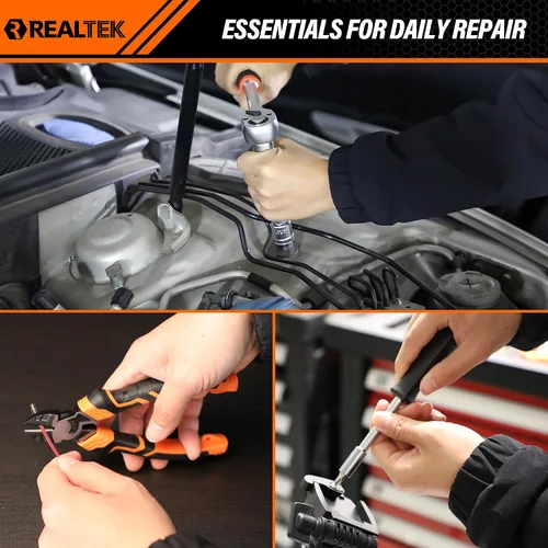 Vista 9 de REALTEK Juego de herramientas mecánicas de 100 piezas, kit de herramientas para automóvil, llave de vaso Cr-V, kit de reparación automática incluye
