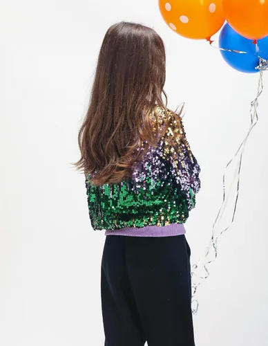 Vista 5 de WELAKEN Chaqueta bomber de lentejuelas ombré con bolsillos para niñas, ligera, brillante, manga larga, cremallera degradada, chaquetas para niños