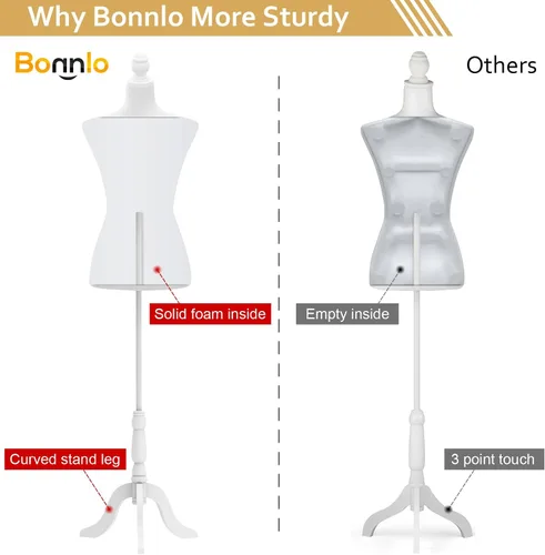 Vista 3 de Bonnlo Maniquí de costura, apto para clavar alfileres, para vestido de mujer, con base de trípode de madera.
