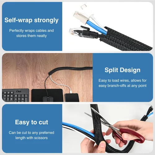 Vista 3 de Nilight - Funda para cable, fundas de gestión de cable de 10 pies - 1/2 pulgada, funda trenzada, telar de alambre autoenvolvente dividido