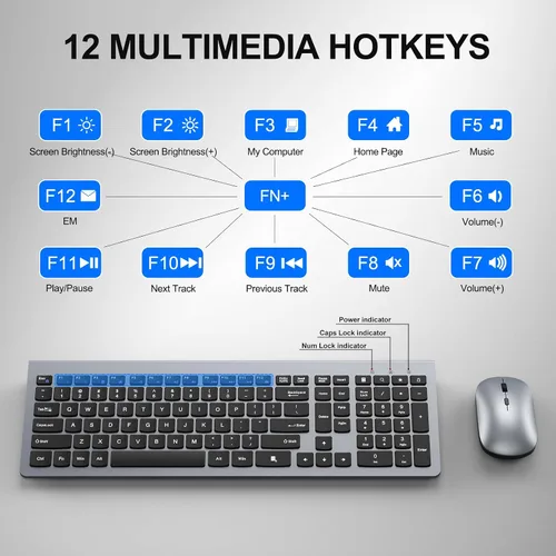 Vista 7 de Combo de teclado y mouse inalámbricos, teclado de diseño ultra delgado de tamaño completo y mouse óptico ajustable de 3 DPI, modo de suspensión