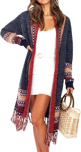Vista 3 de FERBIA - Suéter tipo cárdigan bohemio para mujer largo abierto al frente tejido con borlas y flequillos estilo tribal