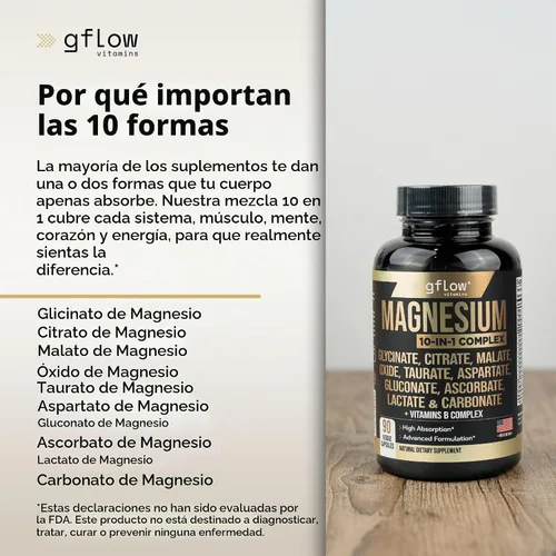 Vista 3 de gflow vitamins Suplemento complejo de magnesio – 10 formas activas, glicinato, citrato, malato, óxido, taurato, aspartato, gluconato, ascorbato