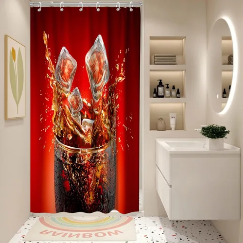 Vista 2 de Cortina de ducha de bebidas heladas, juego de decoración de baño con ojales y ganchos, 36 pulgadas de ancho x 72 pulgadas de alto, rojo y negro