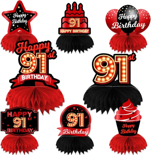 Vista 16 de Feliz 45 cumpleaños rojo y negro centros de mesa de panal de abeja decoraciones de globos decoración de mesa centros de mesa para niñas mujeres