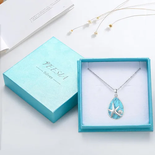 Vista 7 de YEESIA Collar de estrella de mar de plata de ley 925 con turquesa, collar de lágrima de conchas oceánicas, turquesa, estrella de mar del océano