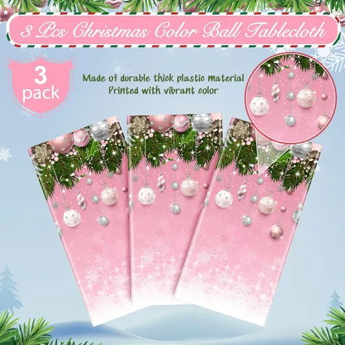 Vista 4 de Mantel de plástico con diseño de árbol de Navidad, 3 piezas, mantel rectangular de invierno con copos de nieve para Navidad, vacaciones, Año Nuevo
