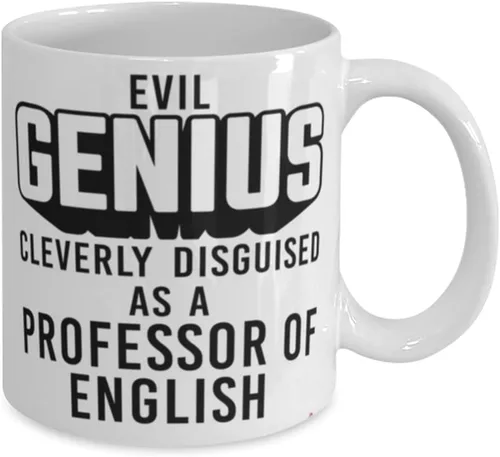 Vista 2 de Taza divertida de profesor inglés Evil Genius hábilmente disfrazada como profesor de taza de café inglesa, 11 onzas, color blanco