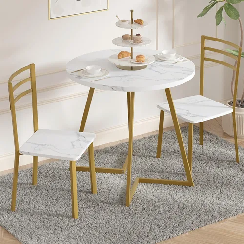 Vista 11 de VECELO Mesa de cocina redonda pequeña con 2 sillas tapizadas, juegos de comedor de madera de 3 piezas con marco de acero para rincón de desayuno
