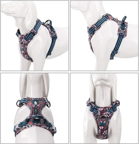 Vista 3 de La La Pet® Arnés para perro sin tirones con clip frontal, arnés reflectante para perro con asa, chaleco acolchado de neopreno floral para cachorros