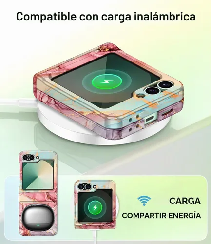 Vista 5 de Btscase Funda para Samsung Galaxy Z Flip 6, protector de pantalla frontal integrado, patrón de mármol dorado con purpurina de policarbonato duro