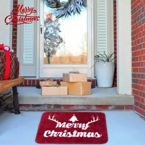 Vista 4 de Decoraciones de Feliz Navidad, alfombras de baño rojas, bonita decoración navideña, tapetes de baño para baño, parte trasera antideslizante, lavable