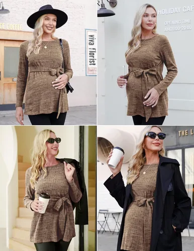 Vista 2 de Ekouaer Camisas de maternidad de manga larga para mujer, blusas casuales de punto acanalado para embarazadas, tallas S-XXL