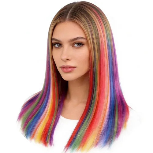 Vista 2 de Extensiones de cabello arcoíris, 100 unidades de rayas de cabello de colores para niñas y mujeres, extensiones sintéticas rectas de 20 pulgadas