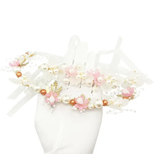 Vista 7 de Tocado de flores de perlas de boda con ramillete de muñeca a juego para mujer, accesorios para fiesta de cumpleaños (estilo rosa)