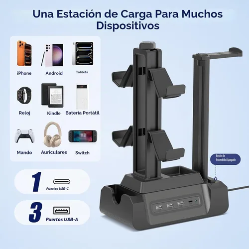 Vista 2 de KDD Estación de carga para múltiples dispositivos - Base de carga de 4 puertos con controlador y soporte para auriculares - 3 USB A y 1 USB C