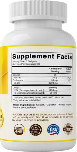 Vista 8 de Vitamatic Aceite de pescado Omega 3 de triple fuerza, 3600 mg por porción, 2160 mg de ácidos grasos Omega 3, 1296 mg de EPA + 864 mg de DHA, sabor a