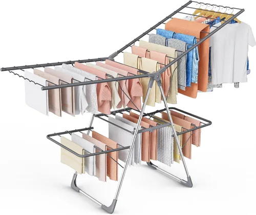 Vista 12 de Sakugi Escurridor de ropa, plegable de 2 niveles con alas ajustables en altura, para ropa y ropa de cama, estante independiente que ahorra espacio
