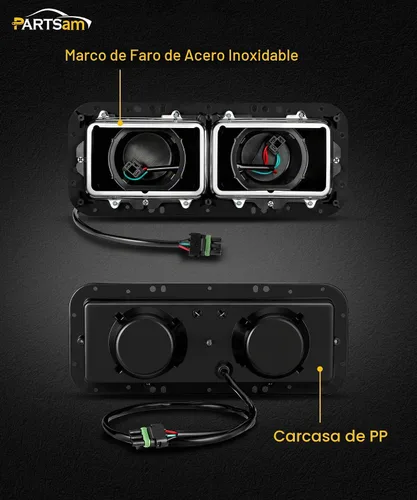 Vista 3 de Base de carcasa de faro PARTSam con enchufes H4, arneses de cableado, bisel de acero inoxidable de repuesto para Kenworth T600 T800 W900, Peterbilt