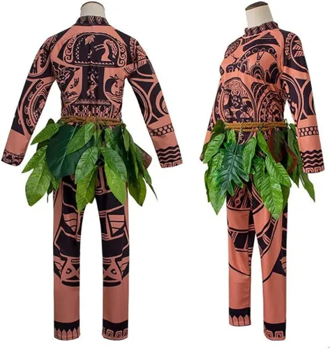 Vista 3 de Wrrkayly Disfraz de tatuaje de Moana Maui para Halloween, camiseta + pantalones + falda de hojas, trajes de Halloween para adultos, disfraz de juego