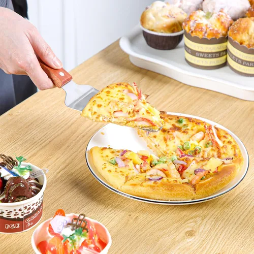 Vista 6 de Zhehao Paquete de 20 espátulas de pizza con mango de madera, acero inoxidable, espátula triangular antideslizante, fácil de agarrar, espátula