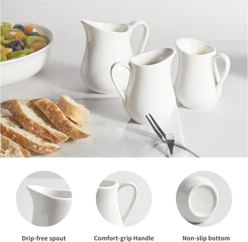 Vista 4 de Gurygo Jarra de Crema de 2 Oz (Juego/2) con Asa, Pequeña Jarra de Crema Clásica de Porcelana Fina Blanca, Pequeña Jarra de Leche para Café, Leche