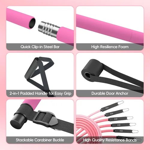 Vista 5 de Kit de barra de pilates con bandas de resistencia, barra de pilates portátil para gimnasio en casa, yoga y entrenamientos de cuerpo completo,