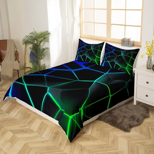 Vista 2 de Juego de ropa de cama geométrica de panal verde y azul, funda de edredón hexagonal estereoscópica para niños y niñas, funda de edredón hexagonal