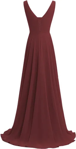 Vista 3 de Raseal Vestido de dama de honor de gasa con cuello en V con abertura plisado gasa volantes largo una línea formal vestido de fiesta para mujeres