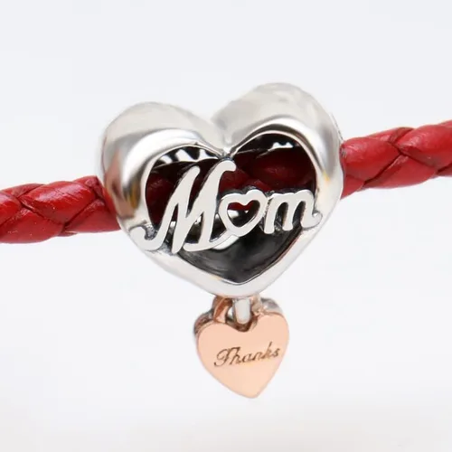 Vista 2 de Thank You Mum Heart Charm 925 Colgante de plata esterlina, joyería niña cuentas regalos para mujeres pulsera y collar A0054