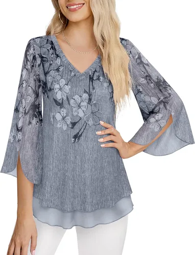 Vista 3 de Timeson Blusas florales de manga 34 para mujer, camisas de doble capa con cuello en V, túnica elegante