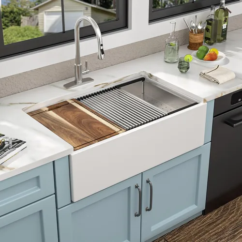 Vista 11 de Estación de trabajo de fregadero de granja negra de 30 x 20 pulgadas, delantal reversible con repisa, lavabo de cocina de cerámica de porcelana