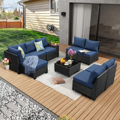 Vista 28 de JOYURE Juego de muebles de patio de 5 piezas, para todo tipo de clima, para exterior, sofá seccional de mimbre, sofá de ratán para patio con cojín