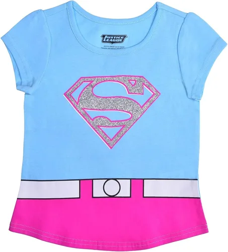 Vista 4 de DC Comics - Camiseta de manga corta para niñas de la Liga de la Justicia, paquete de 4 unidades para niños pequeños y grandes, grismorado, rojoazul