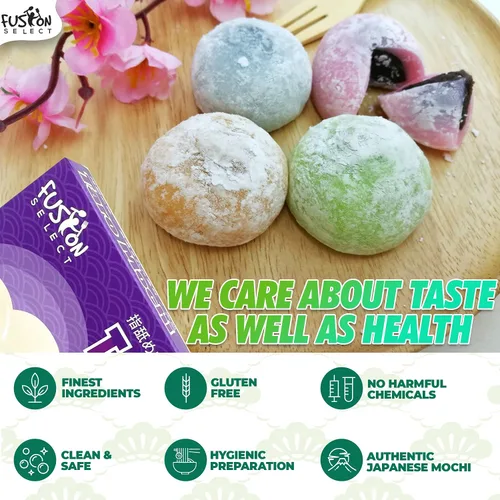 Vista 4 de Paquete de 8 variedades de Mochi japonés: Té de leche Boba, Taro, Sésamo, Hamimelón, Lichi, Té verde, Maní y Frijol rojo en caja de regalo de Fusion