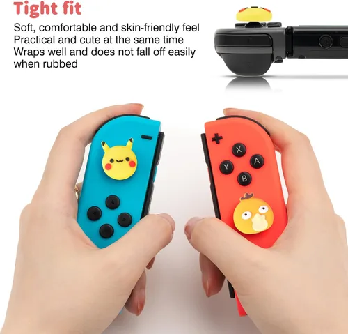 Vista 6 de DLseego Pika & Duck - 4 tapas de agarre para el pulgar regular SwitchSwitch LiteSwitch OLED Joy Con Joystick de silicona suave, lindo protector